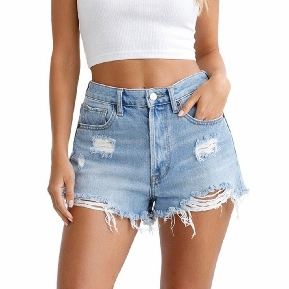 RSQ Vintage High Rise Jean Shorts Light Wash Denim Distressed Recycled Size 26